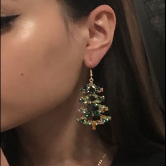 Holiday Crystal Rhinestone Christmas Tree Chandelier Drop Earrings - Picture 6 of 7